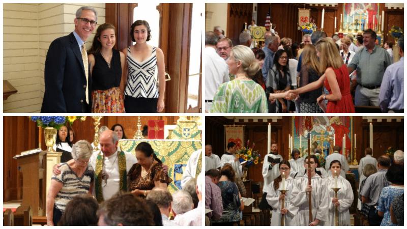 Sunday Scenes: Mike Harrigian, Fiona and Olivia Harrigian, offering warm greeting; The Peace; The Blessing of Sandy Linderman (birthday) and Annette Perera (Citizenship); the Recessional