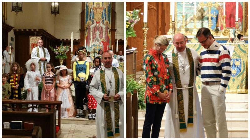 The arrival of the children's Halloween parade to the Altar (Left) and birthday blessings for Allison Dietrich and Tony Faught (Right)